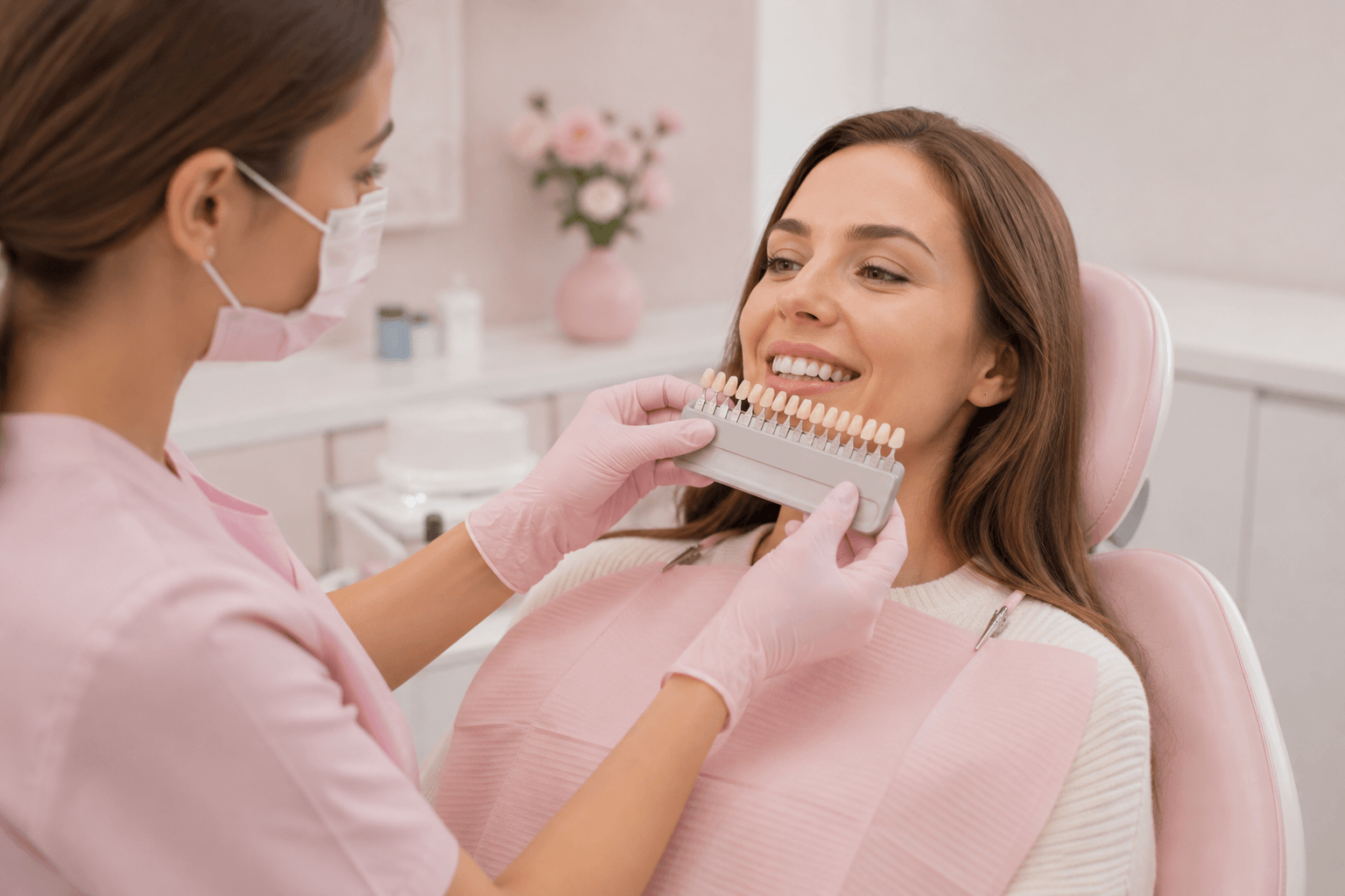 A tooth shade guide being compared against teeth during a follow-up whitening assessment